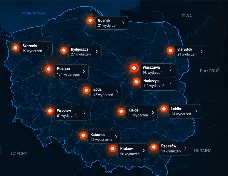Mapa Polski z zaznaczonymi głównymi miastami targowymi